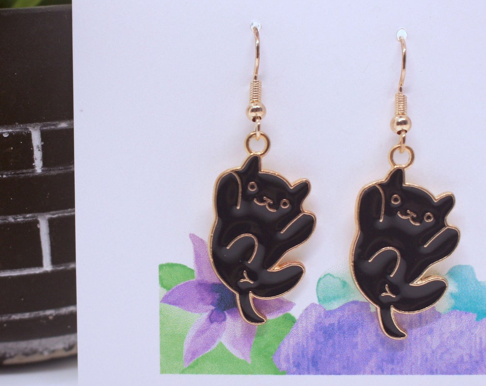 Playful Cat Earrings | Rose Gold & Black