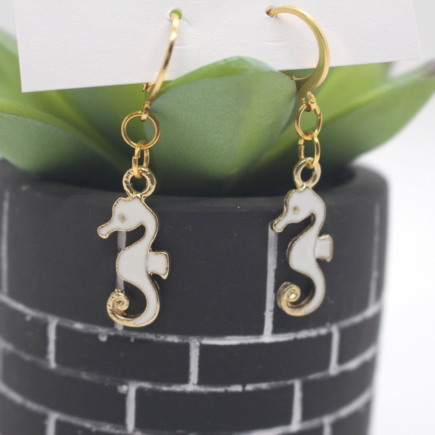 Seahorse Huggie Earrings | Gold & White