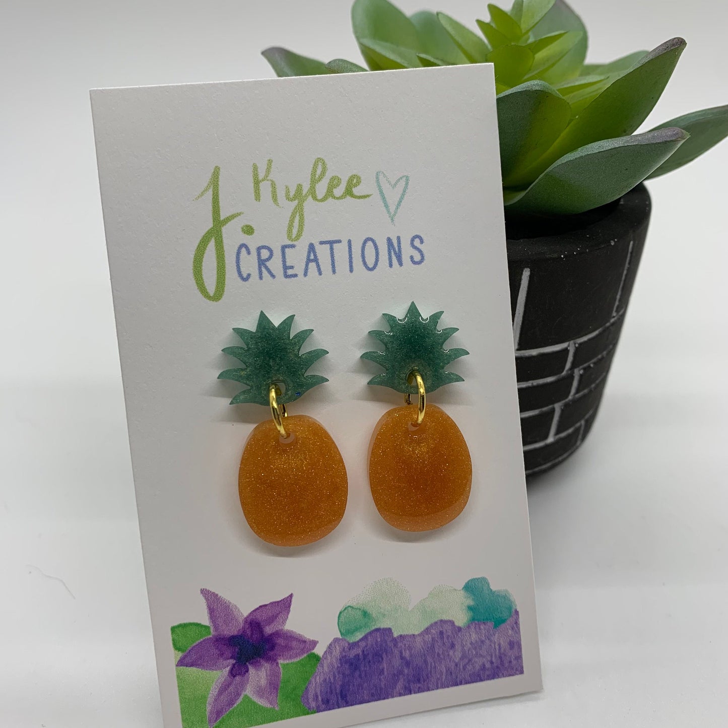 Dangle Pineapple Earrings | Green & Orange | Gold