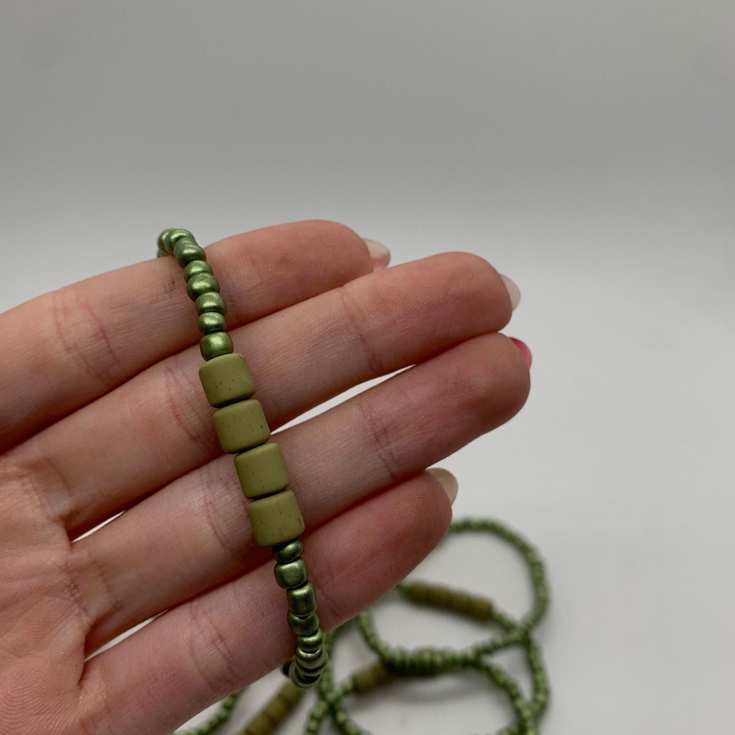 Clay & Glass Seed Beaded Bracelet | Green