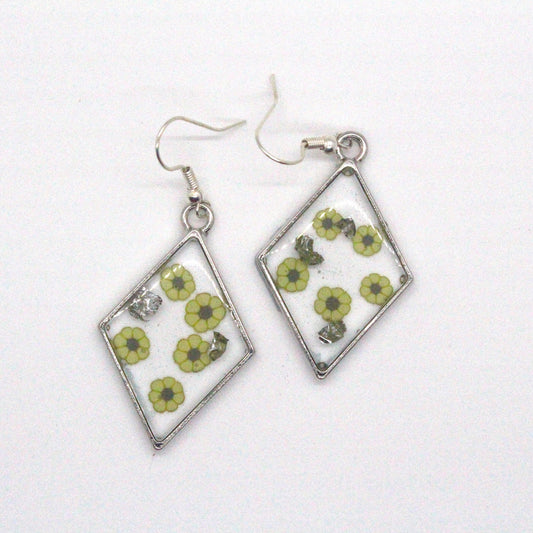 Diamond Shaped Earrings | Epoxy Earrings | Silver & Sunflower