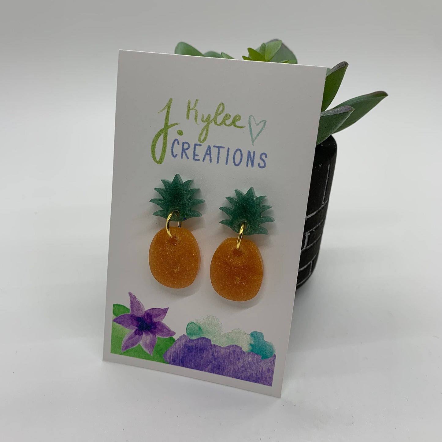 Dangle Pineapple Earrings | Green & Orange | Gold