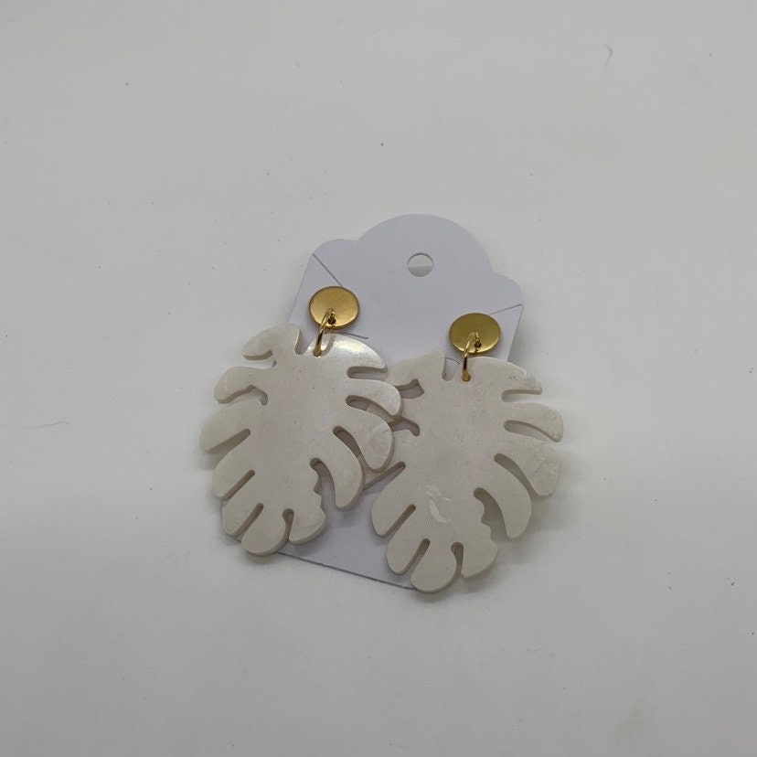 Monstera Leaf Earrings | White & Gold